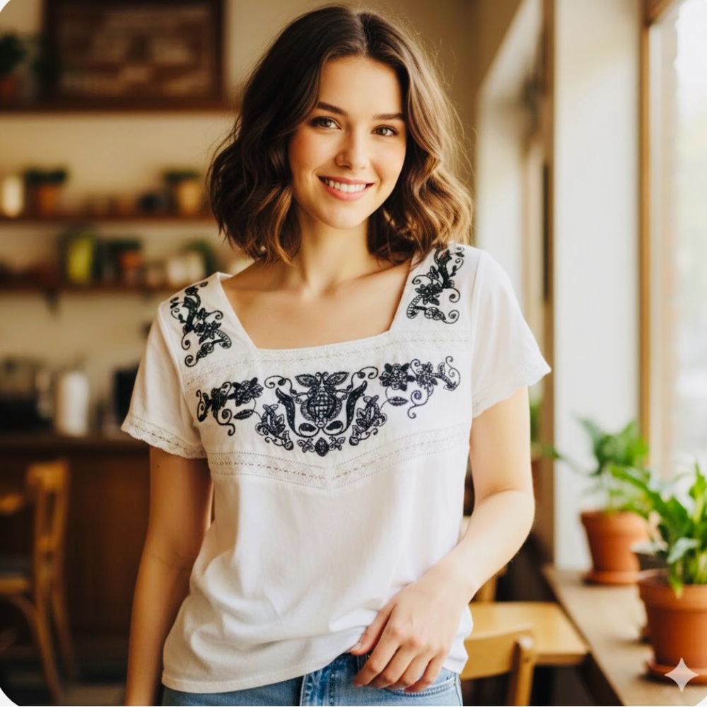 🚨4X$25🚨 Suzy Shier White Blouse with Black Embroidery - Picture 1 of 6